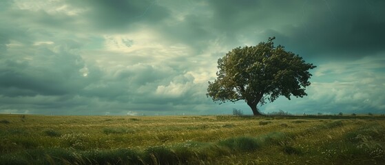 A lone tree stands resilient in a field, its branches swaying to the storm, a testament to strength