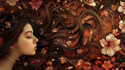 A mystical portrait where a woman's hair flows into petals, blending seamlessly with a floral background, evoking a dreamy allure