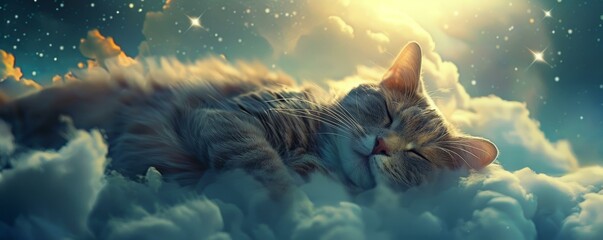 A serene cat sleeps nestled among fluffy clouds against a starry sky.