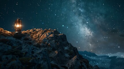 Lone lamp on a rugged mountain overlook, with the endless stars above. Magic in solitude.