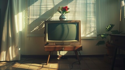Old-school TV on a wooden stand, a flower vase on top, casting nostalgic shadows in the soft light.