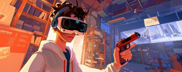 A boy in his room wearing VR gears holding a gun joystick, immersed in a vivid virtual environment