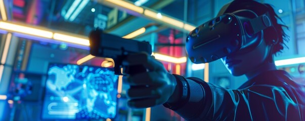 A person in VR gear holds a gun, immersed in a vivid virtual environment.