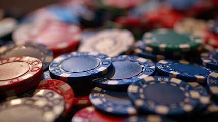 A close-up of assorted colorful poker chips with a shallow depth of field.