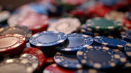 A close-up of assorted colorful poker chips with a shallow depth of field.