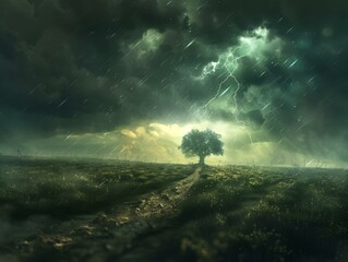 Thunder rolls over a field, where a single tree marks the spot where earth meets sky, a symbol of endurance