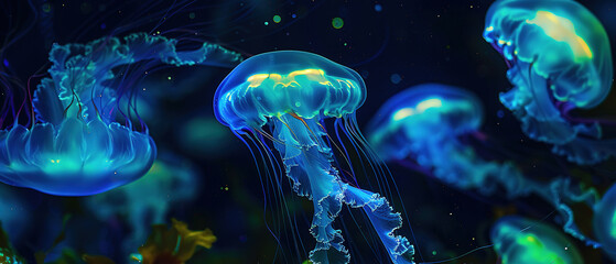 Obraz premium dark underwater scene illuminated by the gentle glow of bioluminescent jellyfish. The jellyfish are drifting gracefully