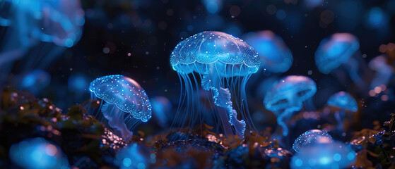 dark underwater scene illuminated by the gentle glow of bioluminescent jellyfish. The jellyfish are drifting gracefully