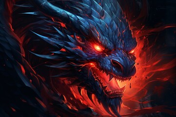 a black dragon with red eyes and sharp teeth - obrazy, fototapety, plakaty