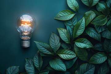 bright Light bulb with home green leaves and plants. for the concept of renewable clean energy and saving electricity bill cost using sustainable resources and consumption data - obrazy, fototapety, plakaty