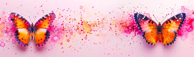A colorful butterfly  on a pink background. The butterfly is surrounded by a splash of paint