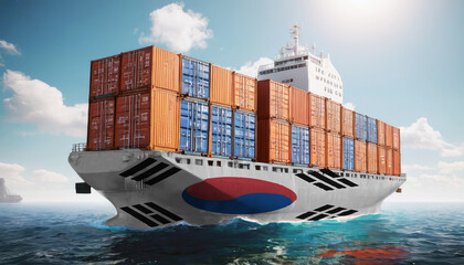 Ship with Republic of Korea flag. Sending goods from Republic of Korea across ocean. Republic of Korea marine logistics companies. Transportation by ships from Republic of Korea.