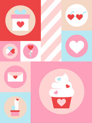 Mosaic postcard. Trendy geometric background. Seamless pattern for Valentine's Day. Abstract pattern with pink hearts, flowers, gifts and red lips, eyes and kisses