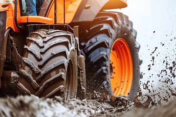 Closeup of the tractor's large tires in motion, plowing through mud and dirt on the farm field. Orange wheel with black rubber. A tractor driving through muddy terrain. Environmental awareness. Splash - obrazy, fototapety, plakaty