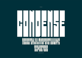 Geometric bold and strong vector font for logos and emblems, heavy letters alphabet for posters and advertising, display typeface with huge brutal and urban letters.