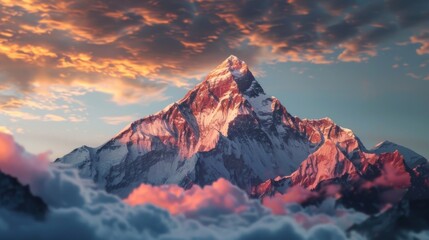 At sunset, Mount Everest looms majestically, its summit cloaked in snow, marking the pinnacle of the world's highest peaks. - obrazy, fototapety, plakaty