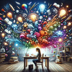 girl sitting in a room, surrounded by numerous creative ideas represented visually