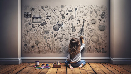 young girl sits on a hardwood floor, her back turned to us, gazing at a wall filled with hand-drawn...