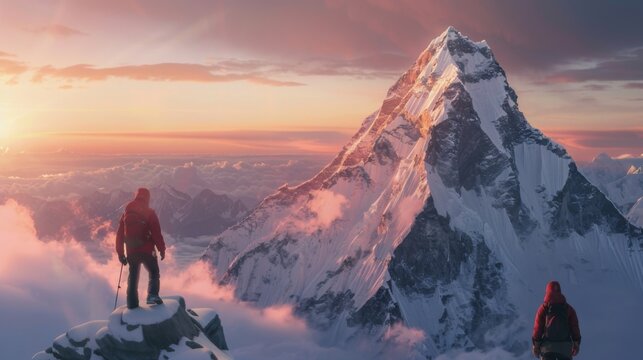 At sunset, Mount Everest looms majestically, its summit cloaked in snow, marking the pinnacle of the world's highest peaks.