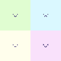 Square abstract comic Faces with various Emotions. Different colored characters. Cute Emoji in Soft colors. Design element for Poster, Card, Banner, Sticker, Avatar. Vector illustration