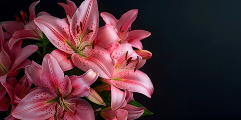 Lily flowers on dark black background Beautiful pink lily flowers on a black background with water drops. Mother's day concept with a space for a text. Valentine day concept with a copy space