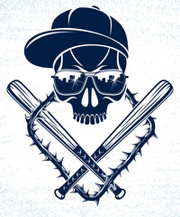 Gang brutal criminal emblem or logo with aggressive skull baseball bats design elements, vector anarchy crime terror retro style, ghetto revolutionary. - obrazy, fototapety, plakaty