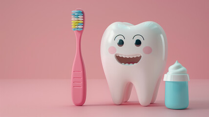 cute smiling 3D tooth with toothbrush. National Dentists Day. Dental concept.