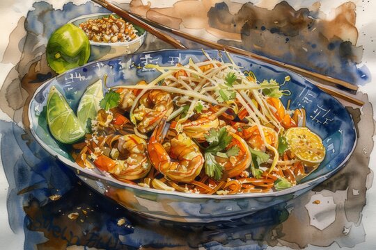 Delicious watercolor images of Pad Thai A classic Thai dish of stir-fried rice noodles with tofu, shrimp, bean sprouts and peanuts, bursting with flavor and bright colours.