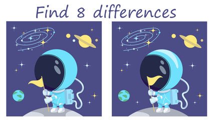 Logic puzzle game. Find 8 differences. Cute astronaut planting a flag on the Moon. Vector illustration for children's development.