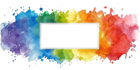 abstract rainbow colored watercolor rectengular frame isolated on white or transparent png