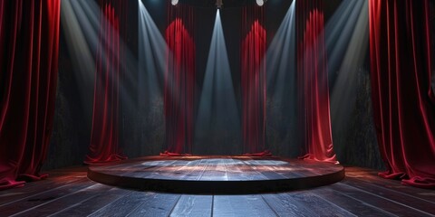 empty 3d room background template of a theater stage spotlights and red and black curtains