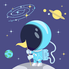 Cartoon astronaut planting a flag on the Moon on a blue background with planets, stars and galaxy. Childrish vector illustration. © OLESIA