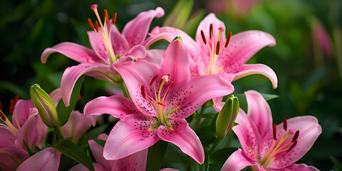 A close up of a cluster of pink flowers in a garden, showcasing the vibrant petals and green foliage of these flowering plants on garden background and wallpaper 