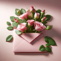 delicate arrangement of pink roses emerging from a pink envelope on a soft,