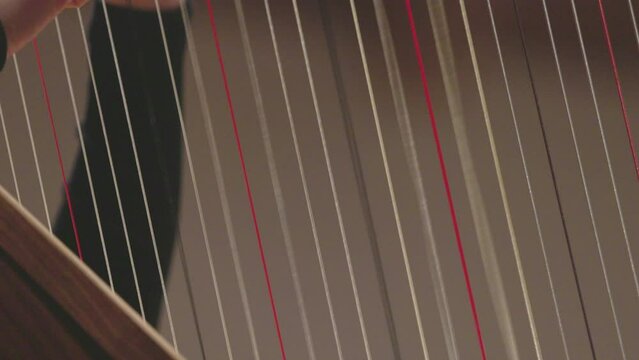 A slow motion video of a musician playing the harp by plucking the strings of the instrument during a classical symphony orchestra performance. Nr. 4