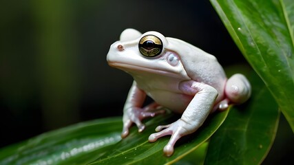 Obraz premium Australian white tree frog on leaves dumpy frog on bra