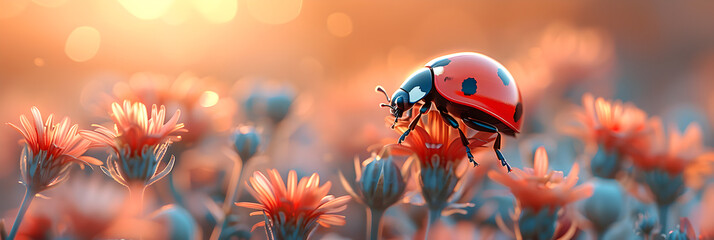 Cheerful spring Ladybug resting on chamomiles,
A Ladybug On A Flower In The Dark
 - obrazy, fototapety, plakaty