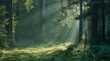 Obraz premium A tranquil forest clearing with shafts of sunlight filtering through the canopy