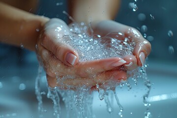 Fototapeta premium Person is washing their hands under a faucet. The water is running and splashing, creating a sense of movement and energy.