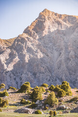 Racing landscape in the Fan Mountains with rocky slopes and vegetation in the morning in Tajikistan, Tien Shan highlands