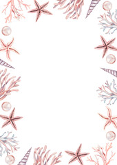 Fototapeta premium Frame with watercolor marine elements of seashells, corals and starfishes in pink and purple tones. Great for cards, posters, coupons, baby products, decorative paper, and any design.