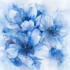 Ethereal Blue Flowers, Watercolor Style, Floral Art Illustration