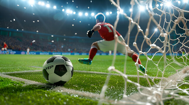 Red footballer strikes soccer ball on green field toward goal, Generative Ai