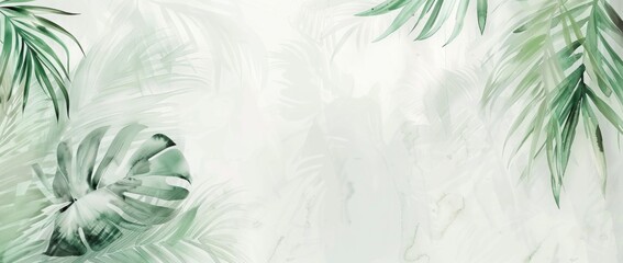 White background with sage green palm leaves, watercolor painting in the style of vintage style - obrazy, fototapety, plakaty