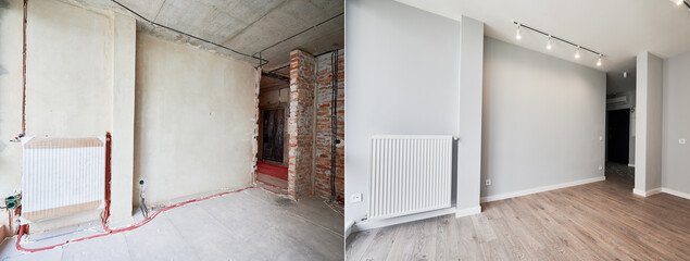 Empty living room with installed heating system before and after restoration. Comparison of old apartment and new renovated flat with parquet floor, radiator and white wall. Home renovation concept.