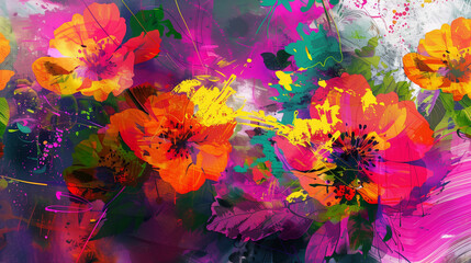 Vibrant Floral Explosion, Abstract Style, Colorful Artwork