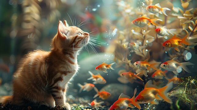 Curious kitten observing a swarm of goldfish. mesmerizing interaction of cat and fish. perfect for pet lovers and nature enthusiasts. dreamy aquatic scene. AI