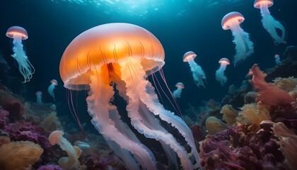 A Jellyfish In A Sea Of Glowing Underwater Creatur Upscaled 4 2
