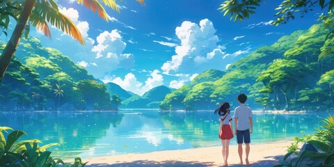 a couple on a lake looking at a tropical forest, tranquility background, anime art wallpaper