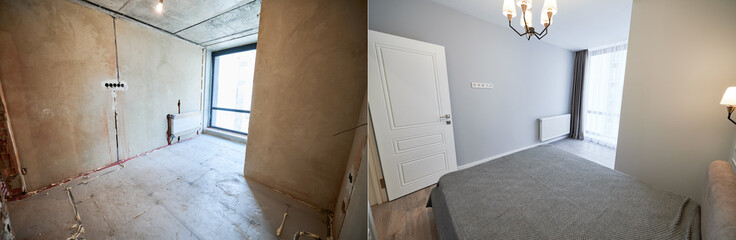 Comparison of bedroom with large panoramic window before and after renovation. Photo collage of old apartment before restoration and new renovated flat with bed and elegant interior design.